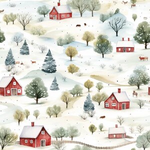 Könnte beinhalten: Aquarellillustration einer Winterlandschaft mit roten Häusern, schneebedeckten Hügeln und Bäumen. Hirsche und andere Tiere sind über die Szene verstreut. Das Kunstwerk hat eine weiche, gedämpfte Farbpalette.