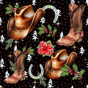 Carta da regalo RUSTICA DI NATALE DA COWBOY: confezione regalo per le festività occidentali con cappelli da cowboy, stivali, ferri da cavallo e fascino country festivo di vischio