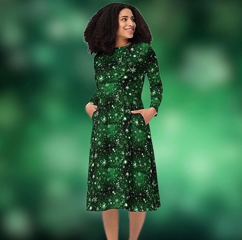 GALAXY SNOWFLAKE CHRISTMAS Long Sleeve Midi Dress Green Cosmic Holiday  Jumper Celestial Space Mid-calf Winter Dress Xmas Gift for Her Xs Xxl - Etsy