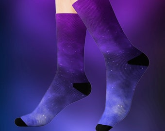 PURPLE GALAXY SOCKS Multicolor Cosmic Space Themed Printed Polyester Unisex Gift Sublimation Sock Pattern Design Crew Sock Cosmos View S M L