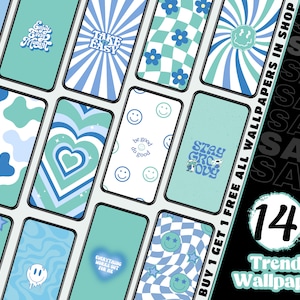 Pode incluir: Uma coleção de 14 papéis de parede de telefone modernos com uma variedade de designs em cores azul e verde. Os designs incluem carinhas sorridentes, corações, estrelas e frases de texto como "Take Easy" e "Stay Groovy".