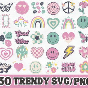 Happy Face SVG, Retro SVG, Groovy SVG, Flower Png, Heart Png, Trendy Clipart Png Cricut Silhouette png, Hippie Boho svg, Retro Shirt