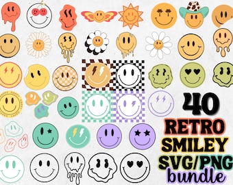 Imágenes prediseñadas SVG de caras felices, SVG retro, PNG estilo boho, SVG moderno para Cricut y Silhouette, SVG hippie, SVG de cara feliz, Camiseta retro