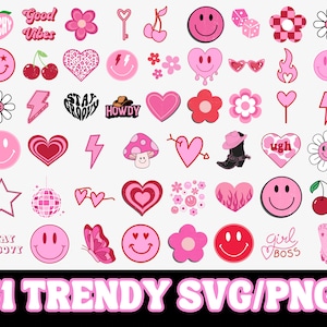 Retro SVG Bundle, Happy Face SVG, Trendy Svg Groovy Png, Red Pink SVG Clipart Cricut Silhouette png Indie Hippie Boho svg Retro Shirt