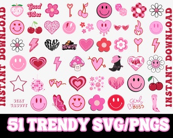 Retro SVG Bundle, Happy Face SVG, Trendy Svg Groovy Png, Red Pink SVG Clipart Cricut Silhouette png Indie Hippie Boho svg Retro Shirt