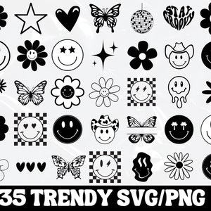 Happy Face SVG, Retro SVG, Groovy SVG, Daisy Flower Svg, Trendy Clipart Cricut Silhouette png, Hippie Boho svg, Butterfly Svg, Retro Shirt