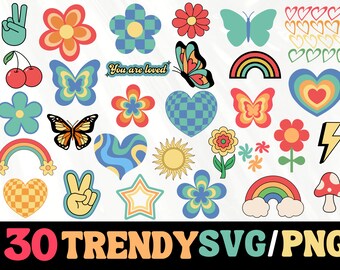 レトロ SVG、グルーヴィー SVG、フラワー SVG、PNG レトロ クリップアート、トレンディ クリップアート Cricut シルエット png、ヒッピー ボヘミアン SVG、レトロ シャツ