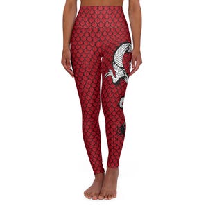 Dragon Scale High Waisted Yoga Leggings, Stylish Activewear, Red Fitness Tights, Yoga Outfit, Exercise Leggings, Gift for Fitness