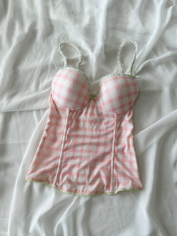 Y2k Jessica Simpson Pink Checkered Pattern Bustier, Size 36C 36B 