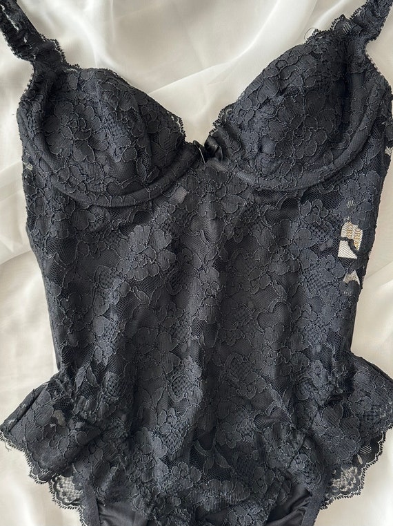 Vintage VS Black Lace Bustier Teddy, Sizes 34C 36B 