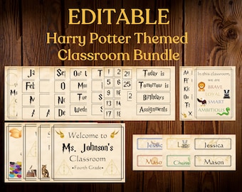 May include: Editable Harry Potter themed classroom bundle with printable classroom decor, including a calendar, alphabet chart, name tags, and a welcome sign. The classroom decor features a Harry Potter theme with images of owls, wands, and the Hogwarts crest.