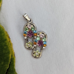 Flip flop charm, sandal charm, Flower and gem sterling silver flip flop charm, flip flop pendant, Beach charm