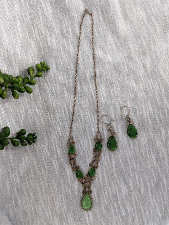 Green necklace and earring set, green glass and wi