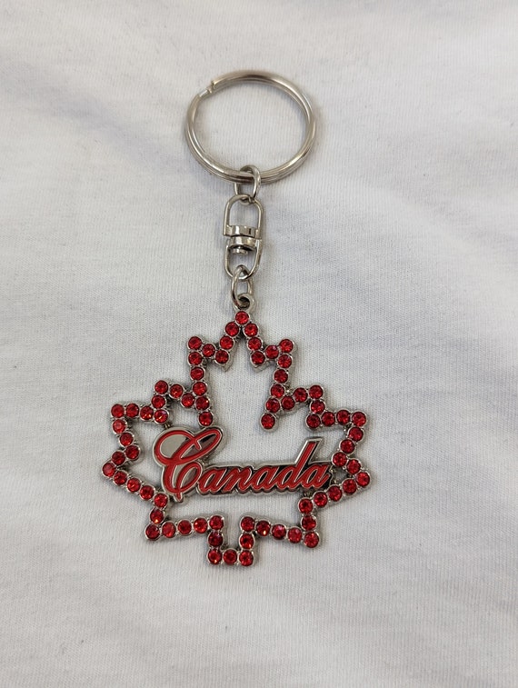Canada Maple Leaf Keychain, red bejeweled maple l… - image 1