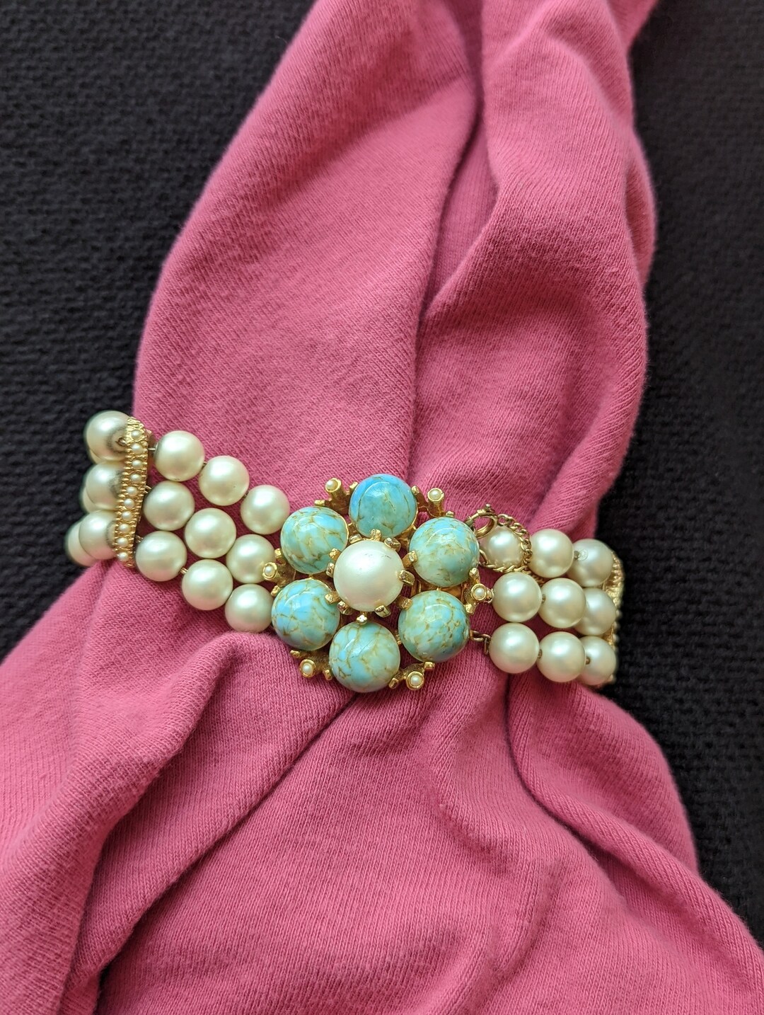 Vintage Three Strand Pearl and Turquoise Colored Bracelet With Safety