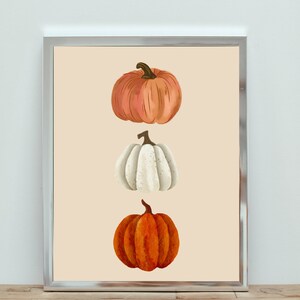 May include: A framed print with three pumpkins in a vertical line. The top pumpkin is orange, the middle pumpkin is white, and the bottom pumpkin is orange.