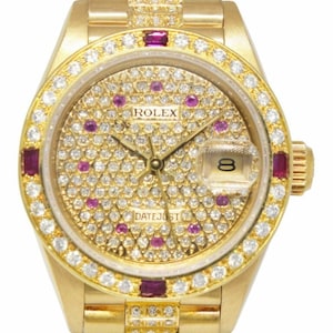 Rolex watch Date just Ladies President 18k Yellow Gold Diamond/Ruby  26mm Model 69178