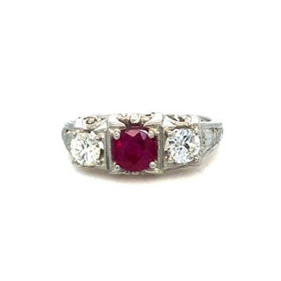 Art Deco Platinum 1.00ct Ruby Diamond Three Stone… - image 1