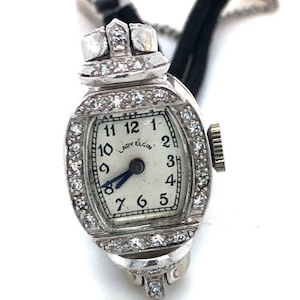 Vintage Elgin Art Deco Platinum Diamond Ladies Wrist Watch