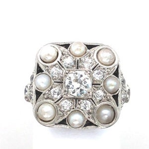 Anello antico Art Déco edoardiano in platino europeo, vecchia miniera, taglio diamante naturale e perla