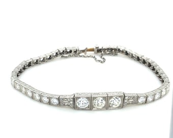 tique Filigree Art Deco Platinum O Anld European transitional cut Diamond Line Tennis Bracelet with saftey chain