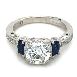 Vintage 3 Stone Tacori 2.40CTW Natural rounds brilliant cut Diamond and sapphire Platinum Engagement Wedding Ring