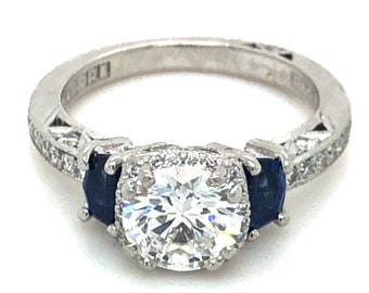 Vintage 3 Stone Tacori 2.40CTW Natural rounds brilliant cut Diamond and sapphire Platinum Engagement Wedding Ring
