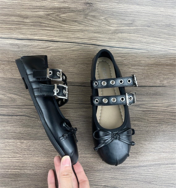 Retro ballet shoes, bow shoes, women's shoes, flat shoes, round toe shoes, strappy shoes