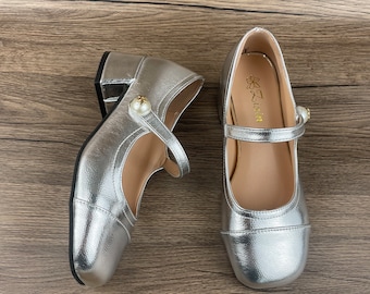 Mary Jane shoes, women's shoes, high heels, silver Mary Jane shoes