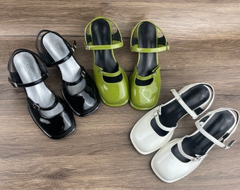 Mary Jane women's shoes, casual shoes, small leather shoes, summer shoes, sandals, square toe shoes, green, white, black