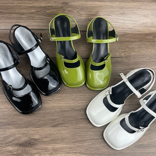 Mary Jane women's shoes, casual shoes, small leather shoes, summer shoes, sandals, square toe shoes, green, white, black