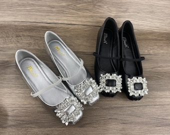 Mary Jane shoes, women&#39;s shoes, rhinestone shoes, flat shoes, straight strap, large size 4US-11.5US
