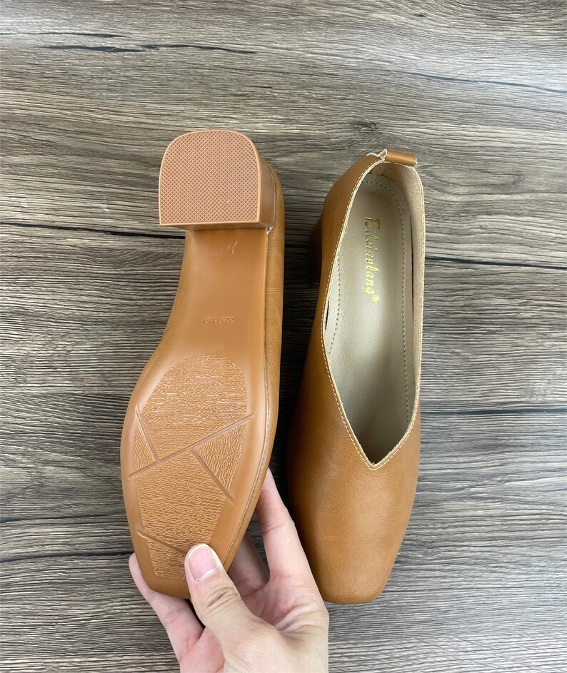 May include: A pair of brown leather heeled shoes with a pointed toe. The shoes have a low heel and a simple design. The brand name "Taisenwang" is printed on the inside of one shoe.
