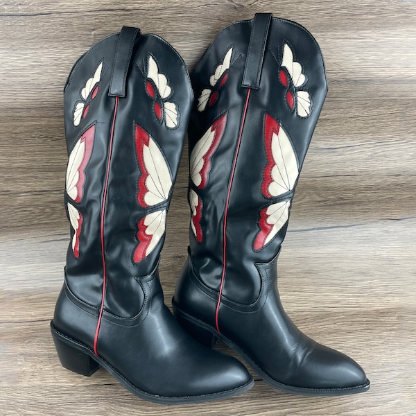 Vintage boots, Western boots, butterfly western boots, women's boots, denim boots, high boots, comfortable boots
