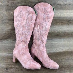 Retro laarzen, dameslaarzen, roze laarzen, ridderlaarzen, westerncowboylaarzen, lange laarzen, laarzen met ritssluiting aan de zijkant, puntige laarzen