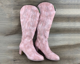 Bottes rétro, bottes pour femmes, bottes roses, bottes de chevalier, bottes de cowboy western, bottes longues, bottes à fermeture éclair latérale, bottes pointues