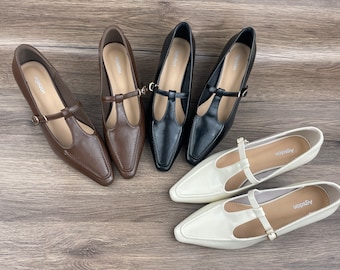 Handmade women&#39;s shoes, pointed women&#39;s shoes, shoes, flat shoes, wedding shoes, Mary Jane shoes, women&#39;s shoes,Brown Mary Jane