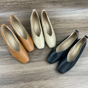 May include: Four pairs of women's flats in black, brown, and beige. The shoes have a pointed toe and a low heel.