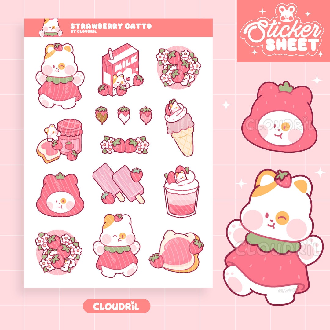 Strawberry Cat Sticker Sheet Journal Bujo Planner Etsy