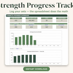 Spreadsheet work-outlogboek, Excel- en Google Spreadsheets krachttraining-tracker, sportschoollogboek met 1RM-calculator, PR-tracker, tilvoortgang