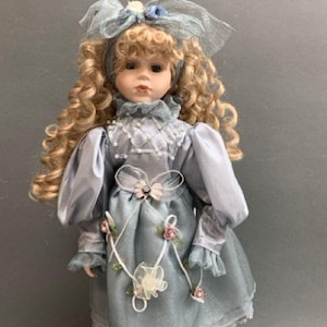Beautiful Collectible Vintage Porcelain Doll - Curly Blonde Hair / Blue