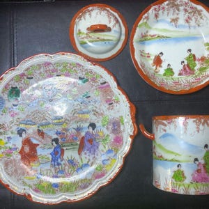 Beautiful Vintage Hand Painted Decorative Japanese Geisha Ware Porcelain Set (Plate, Saucer, Lidded Container)
