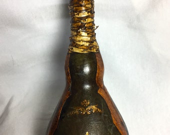 Beautiful Vintage Italian Brown Leather Covered Wine Bottle/Bar Decanter w/ Wood Cork