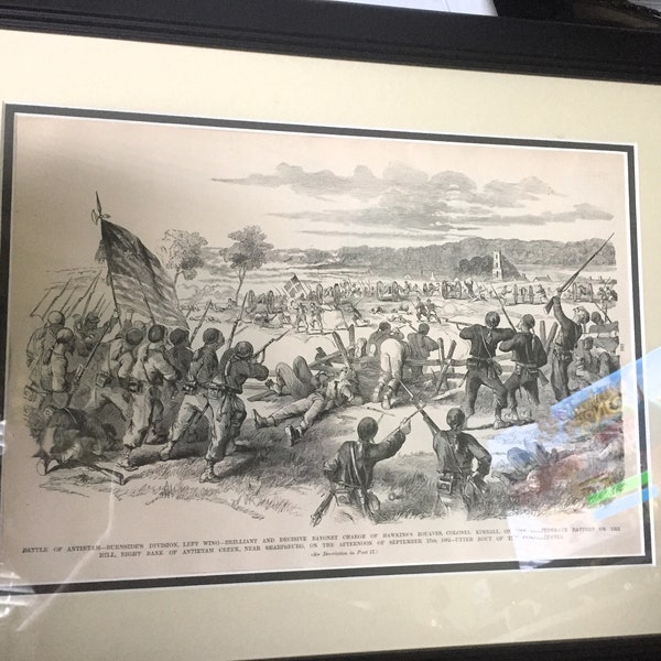 Civil War - Framed Antique Engraving of Battle of Antietam from Frank Leslie's "Illustrated History of the Civil War" (published 1895)