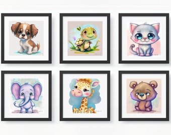 Set of 6 printable digital nursery art pieces - watercolor-style paintings of cute little animals - Artwork for babies and children.