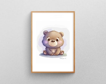 Printable digital art of a cute bear for the nursery - watercolor-style painting - Art for babies and children.