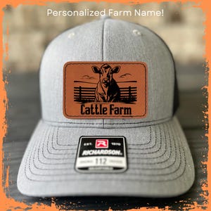 Handmade Cattle Cow Farm Richardson 112 Leather Patch Hat -Laser Engraved Farming Cap - Durable Leatherette Western Cowboy Hat for Men Women
