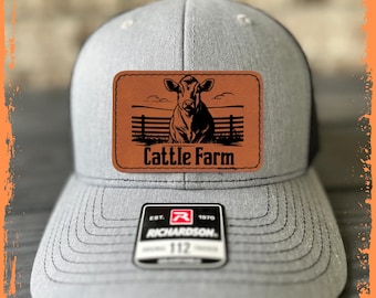 Handmade Cattle Cow Farm Richardson 112 Leather Patch Hat -Laser Engraved Farming Cap - Durable Leatherette Western Cowboy Hat for Men Women