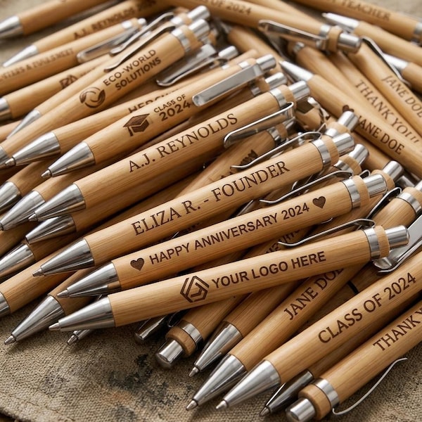 Personalized Engraved Bamboo Pens – Eco-Friendly Wedding Favors, Corporate Event Gifts, Business Giveaways, Promotional Pens (Black Ink)