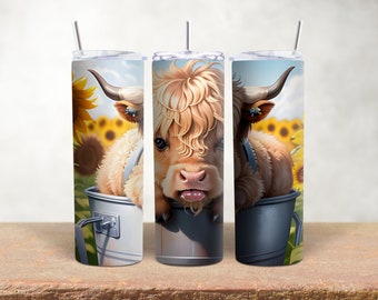 Baby Highland Cow In a Bucket |  20 oz Tumbler Wrap | Sunflowers Tumblerwrap | Sublimation | PNG